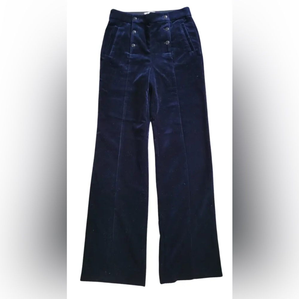 Sézanne blue velvet straight pants with black/gold sailor buttons